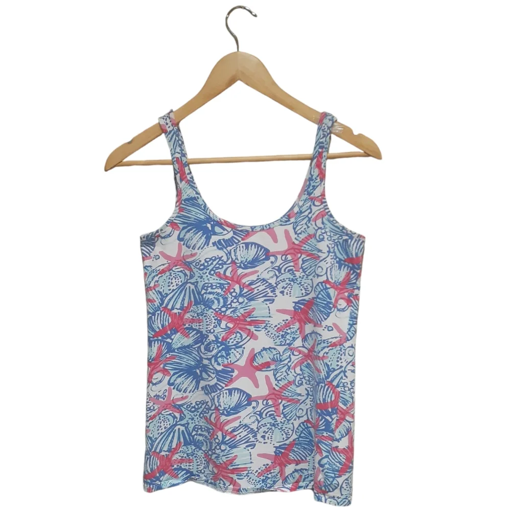 Lilly Pulitzer Women's Tabbie Stretch Tank She She Shells Blue Pink Size Medium - Picture 2 of 6